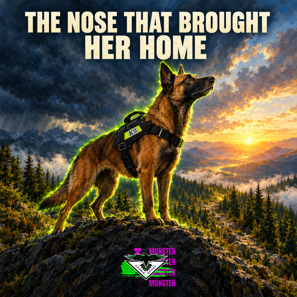 Cinematic oil painting of a Belgian Malinois search and rescue K9 in a working harness standing on a rocky mountain ridge at sunrise, nose raised to the wind, as a storm breaks over pine forests, under the headline The Nose That Brought Her Home