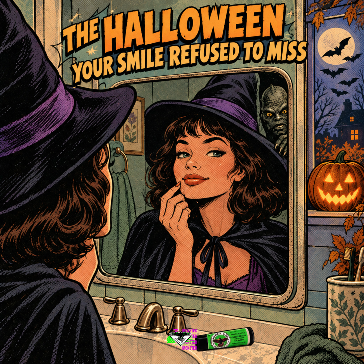 Vintage comic illustration of a woman in a witch costume checking her lips in a mirror, with a lurking face, autumn moon and pumpkin, Zombie Lips on the counter, and The Halloween Your Smile Refused to Miss headline.