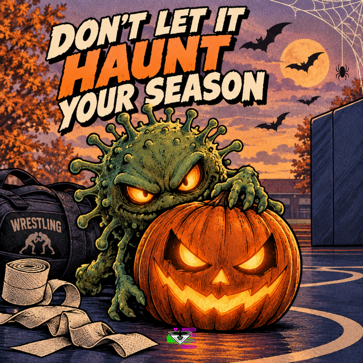 Pastel toned comic style Halloween illustration of a stylized germ monster, glowing jack-o-lantern, and bats near a wrestling mat, with the Zombie Sport Co logo