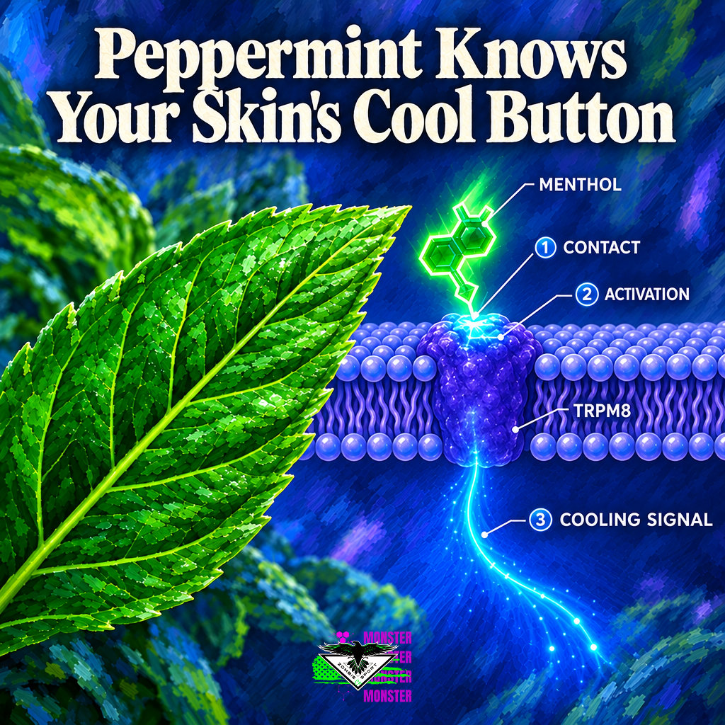 Painterly peppermint leaf and labeled illustrative menthol activation of a TRPM8 receptor with a blue cooling signal, electric-green accents, the title Peppermint Knows Your Skin's Cool Button and original Zombie Sport Co logo at bottom center.