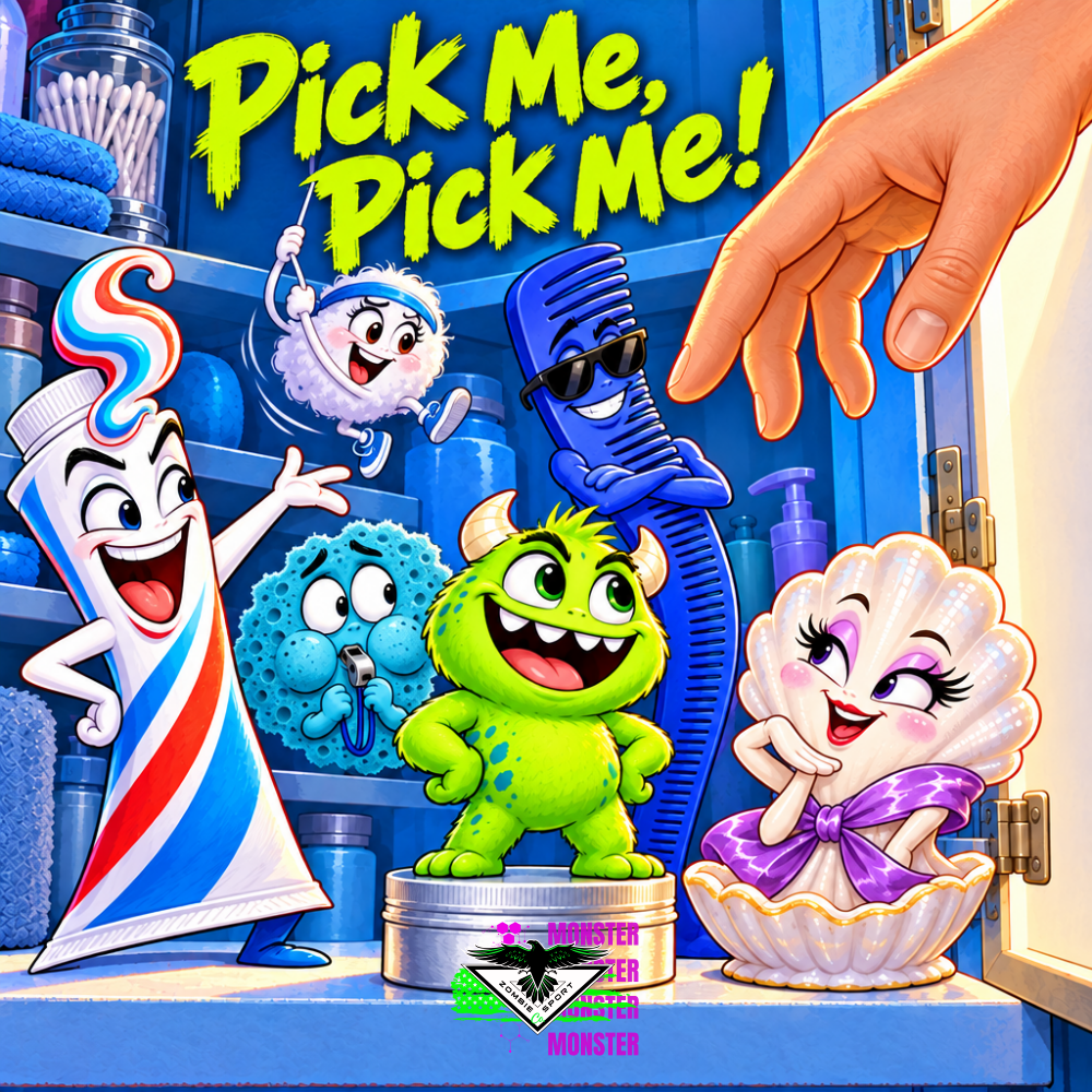 Cartoon green Monster on a silver tin with toothpaste, round teal sponge, floss-swinging cotton ball, sunglasses comb and seashell soap as a hand reaches in, beneath Pick Me, Pick Me! and the original Zombie Sport Co logo.