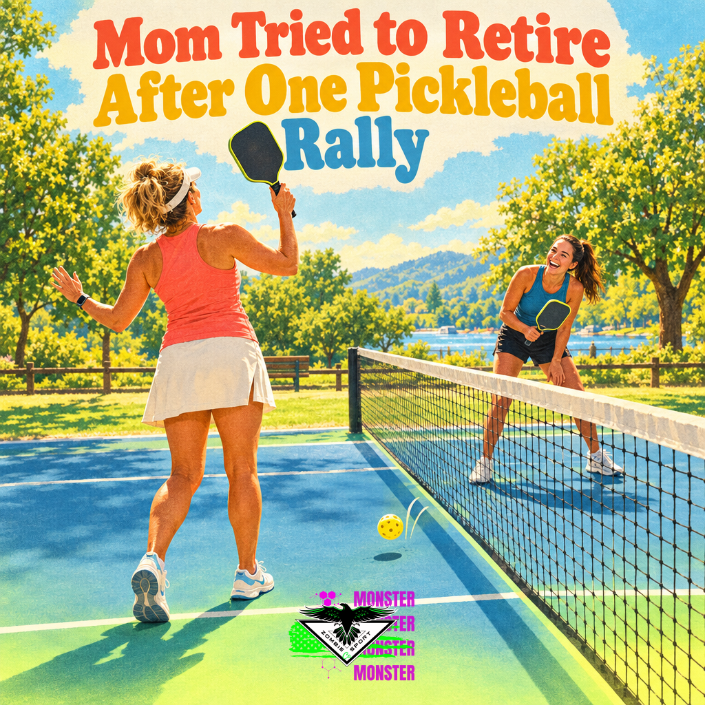 Bright retro illustration of a mother and adult daughter laughing across an outdoor pickleball net after a missed rally, with the original Zombie Sport Co logo at the bottom.