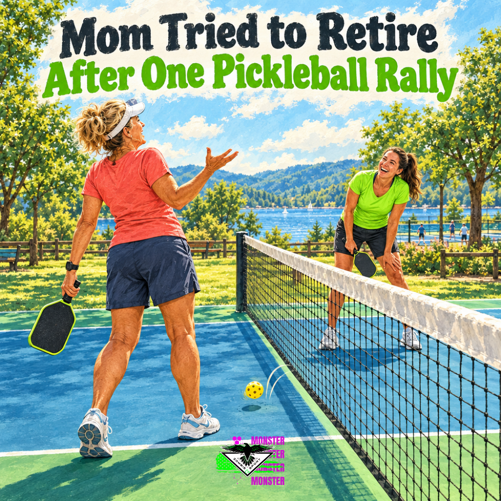 Mother jokingly announcing her pickleball retirement after a ball rebounds from the net while her adult daughter laughs across the court, with bright green accents, the matching story headline and original Zombie Sport Co logo.