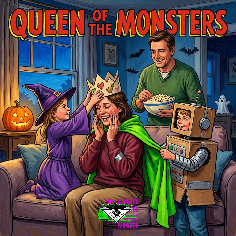 Illustrated Halloween family crowning Mom in a bright green cape: her witch-costumed daughter places a handmade crown, her robot-costumed son holds the cape, and Dad smiles with popcorn, beneath Queen of the Monsters and the original Zombie Sport Co logo.