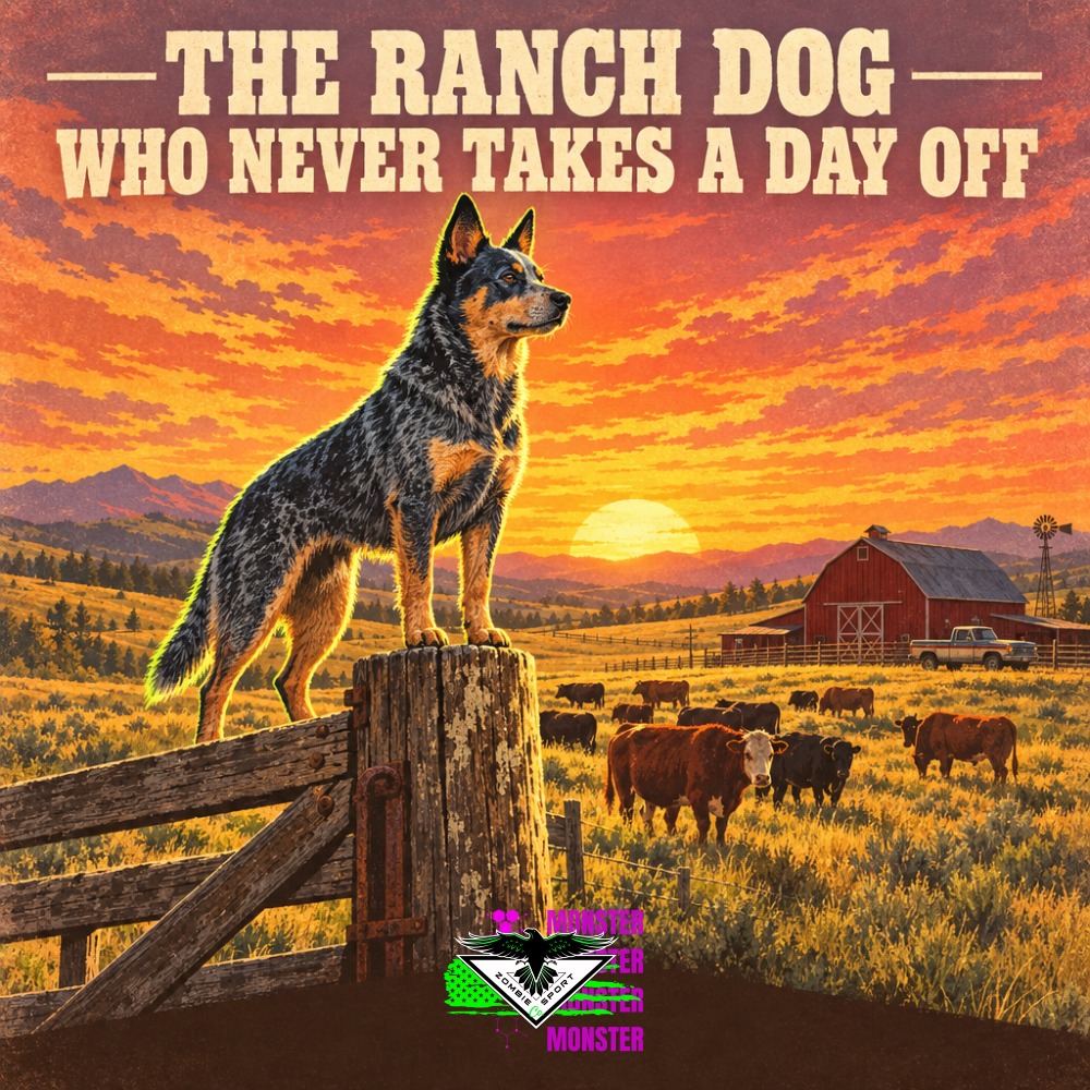 Vintage Western poster of a proud blue heeler cattle dog standing on a wooden fence post at sunset, overlooking cattle, a red barn, and a pickup truck, under the headline The Ranch Dog Who Never Takes a Day Off