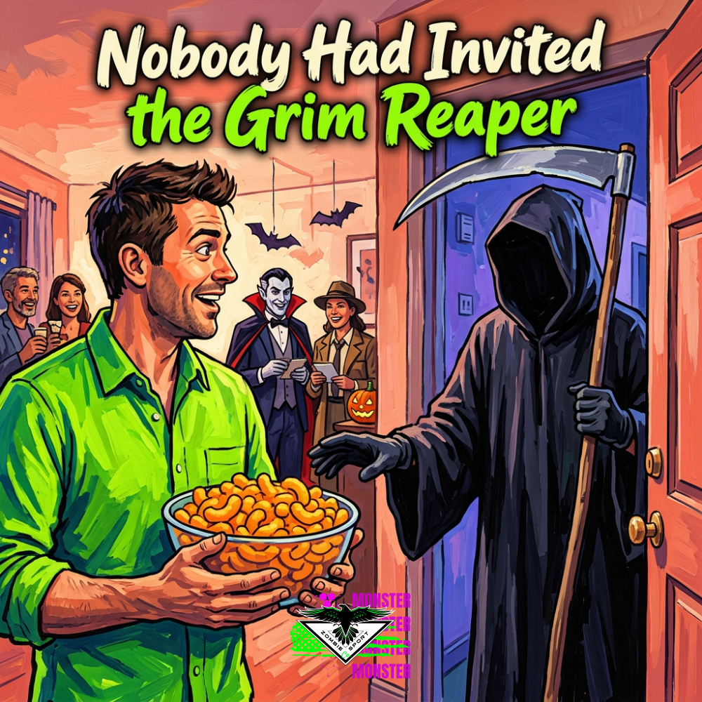 Illustrated Halloween host holding cheese puffs as a hooded Grim Reaper reaches toward the bowl at his apartment door, with party guests behind, the headline Nobody Had Invited the Grim Reaper and original Zombie Sport Co logo.