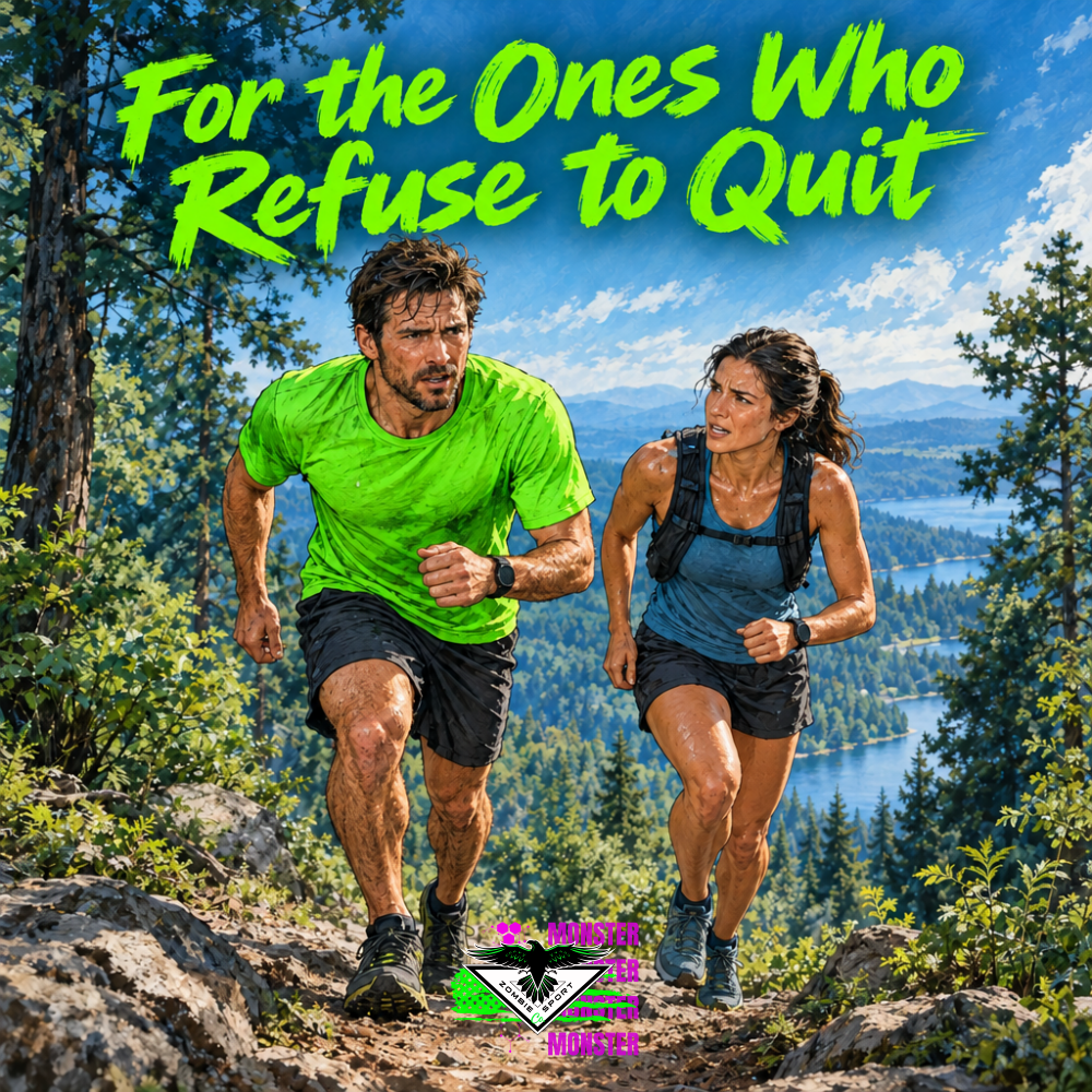 Two determined runners climbing a forest trail, one in electric green, with the headline For the Ones Who Refuse to Quit and the original Zombie Sport Co logo.