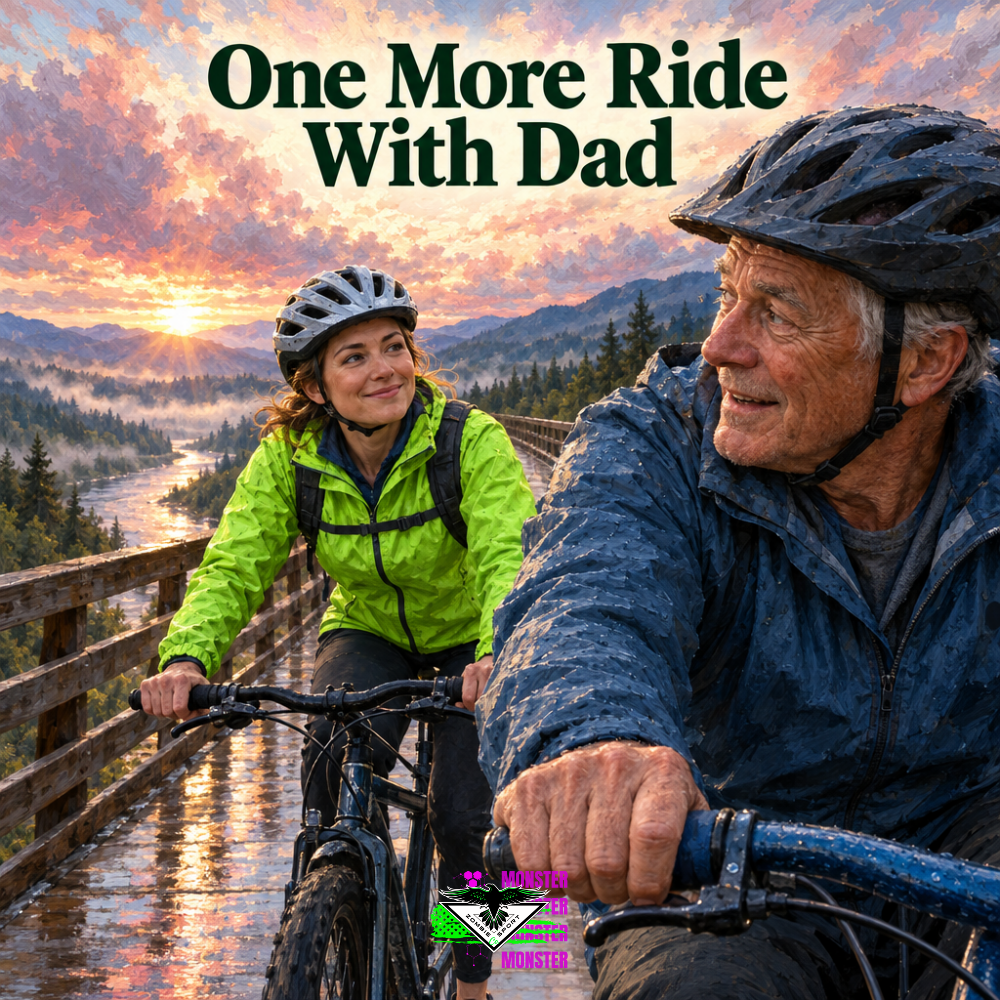 Helmeted father looking toward his adult daughter as they cycle together on a wet wooden bridge above a river at sunrise, with her bright green jacket, the headline One More Ride With Dad and original Zombie Sport Co logo.