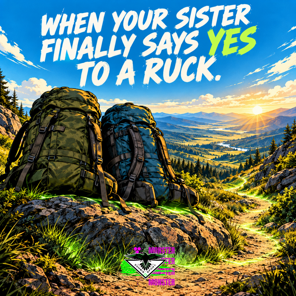 Graphic-novel illustration of two loaded rucksacks set down together on a sunlit ridge, with a glowing trail and the headline When Your Sister Finally Says Yes to a Ruck.
