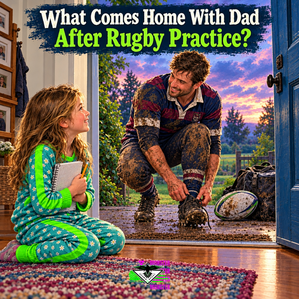 Muddy rugby dad removing his cleats outside an open blue doorway while his daughter in bright green and turquoise pajamas waits inside with a notebook, with rugby gear, a colorful twilight sky, the matching headline and original Zombie Sport Co logo.