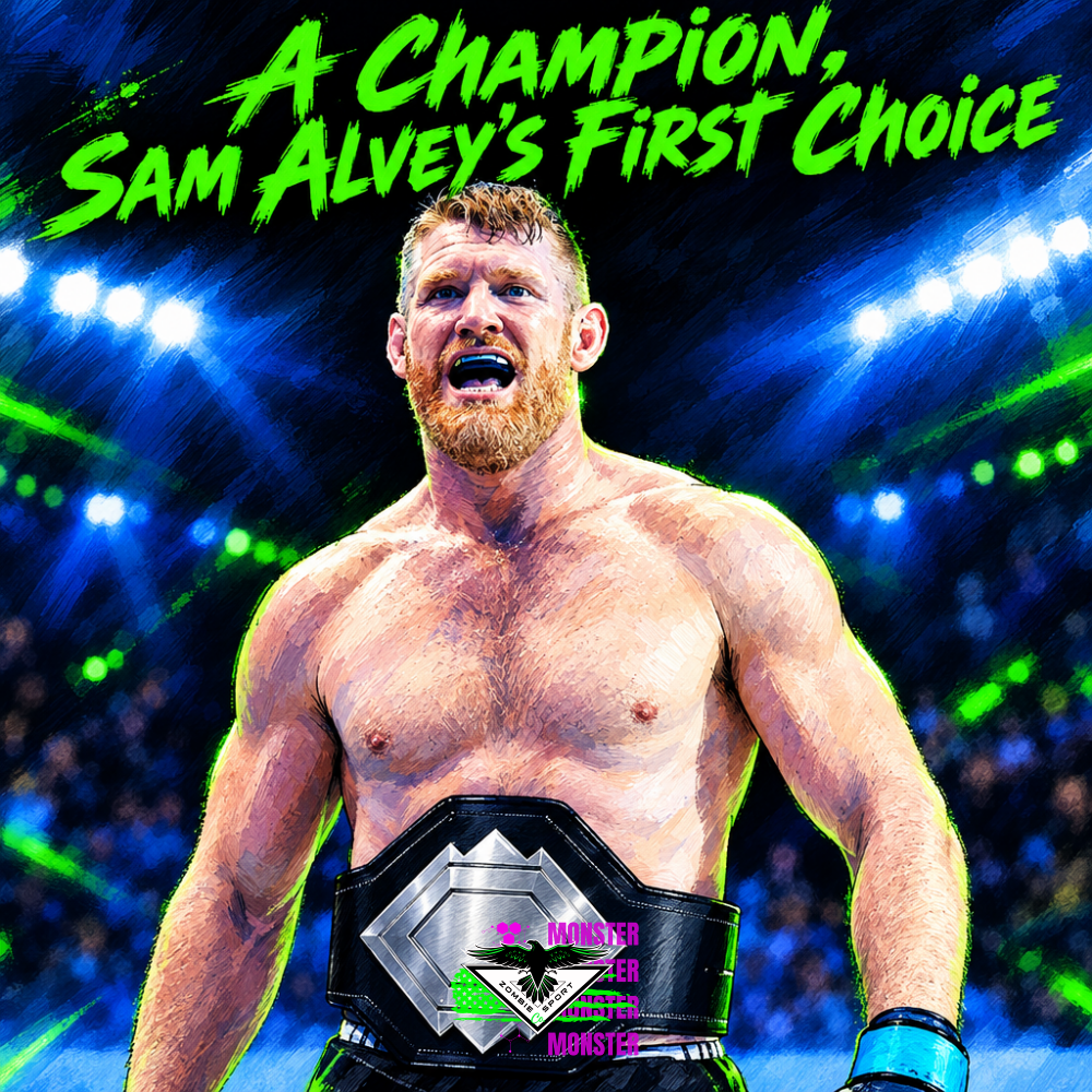 Illustrated Sam Alvey wearing an unbranded silver championship belt beneath arena lights, with the headline A Champion, Sam Alvey’s First Choice and the original Zombie Sport Co logo.