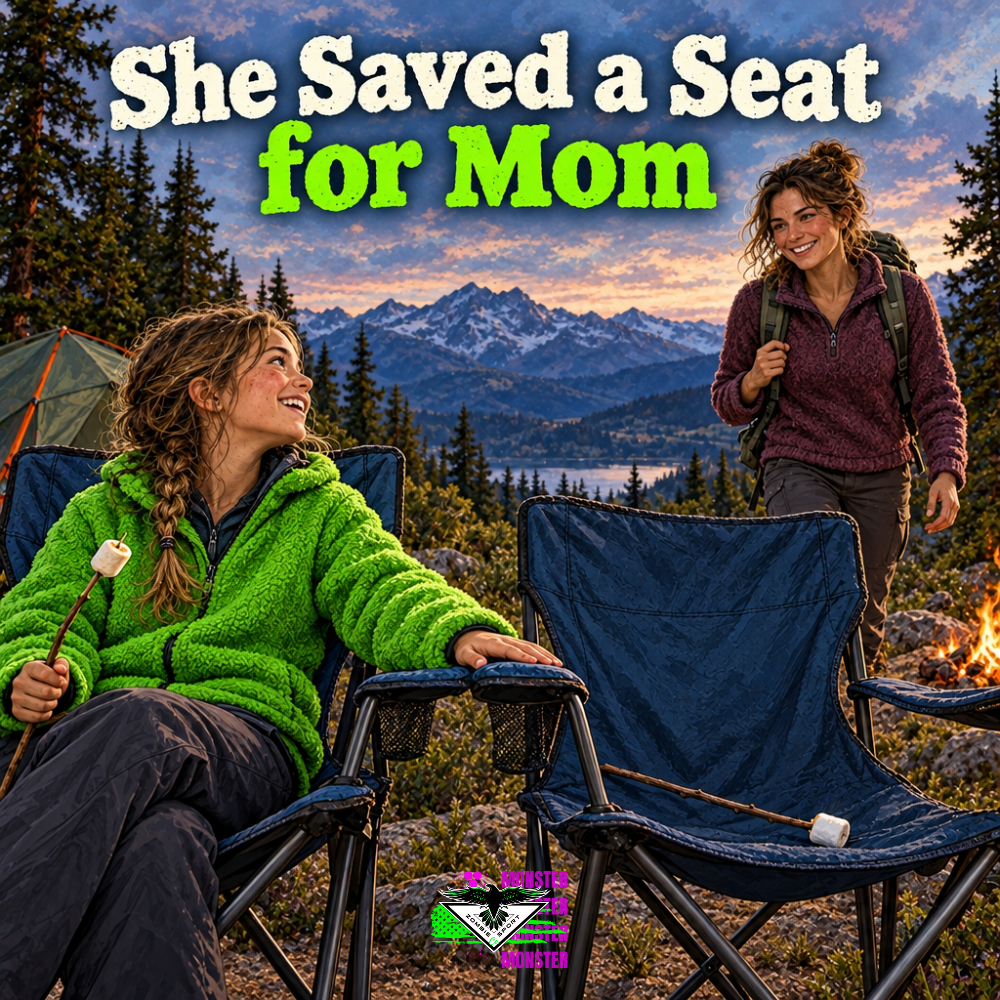 Daughter in a bright green fleece saving an empty camping chair with a marshmallow roasting stick for her smiling mother, beside a mountain campfire beneath a cloud-filled sky, with the headline She Saved a Seat for Mom and original Zombie Sport Co logo.