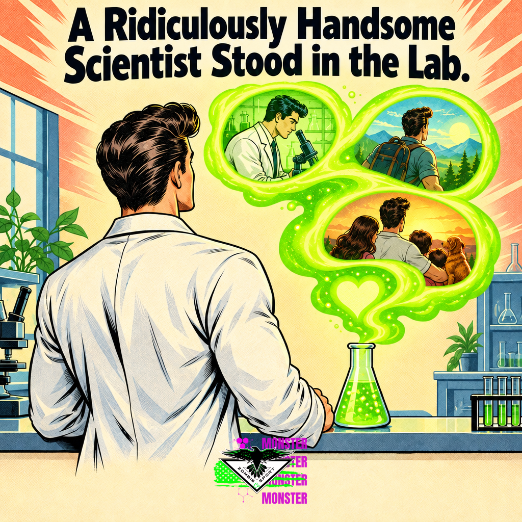 Retro comic illustration of a scientist imagining lab work, an athlete outdoors, and a family with their dog, connected by a glowing green heart above a flask.