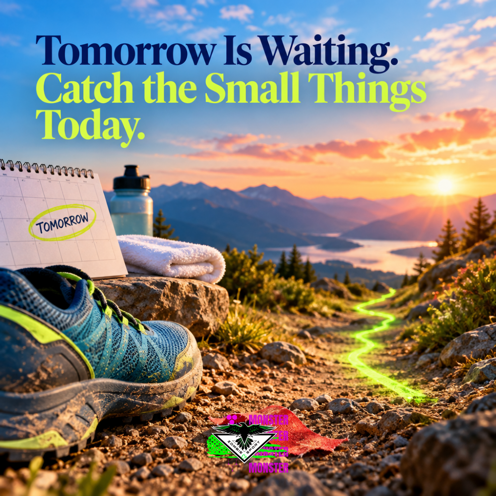 Sunrise trail image with a calendar marked Tomorrow, trail shoes, folded towel, red torn athletic tape, neon-green path, headline Tomorrow Is Waiting. Catch the Small Things Today., and the exact Zombie Sport Co logo centered at the bottom.
