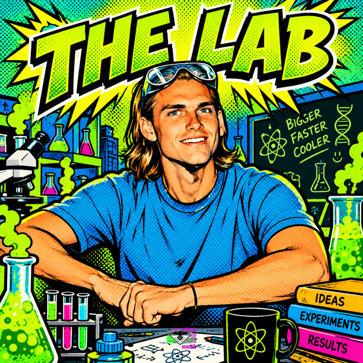 Fun comic book style illustration of Brian Armer in the lab developing the Zombie Sport Co formula, with the Zombie Sport Co logo