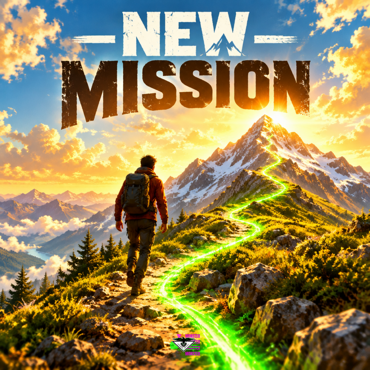 Bright golden light illustration of a lone hiker on a mountain trail with a neon green guiding light, representing Mike McKinney's new mission with the 52 Hike Challenge, with the Zombie Sport Co logo