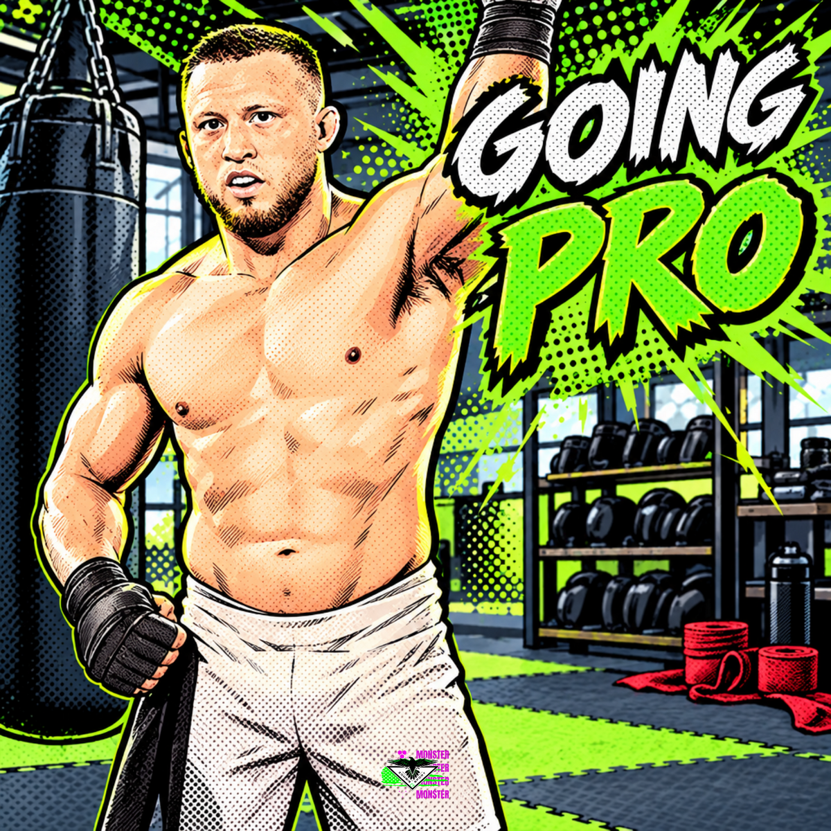 Fun comic book style illustration of Team Monster athlete Walker Keaton training in an MMA gym, with the Zombie Sport Co logo