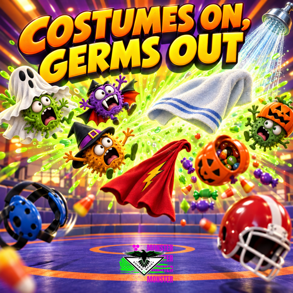 3D animated Halloween scene of cartoon germs in ghost, bat, witch and pumpkin costumes blasted off a youth wrestling mat by a neon green burst from a towel and shower spray, with flying candy, a cape and helmets under the headline Costumes On, Germs Out