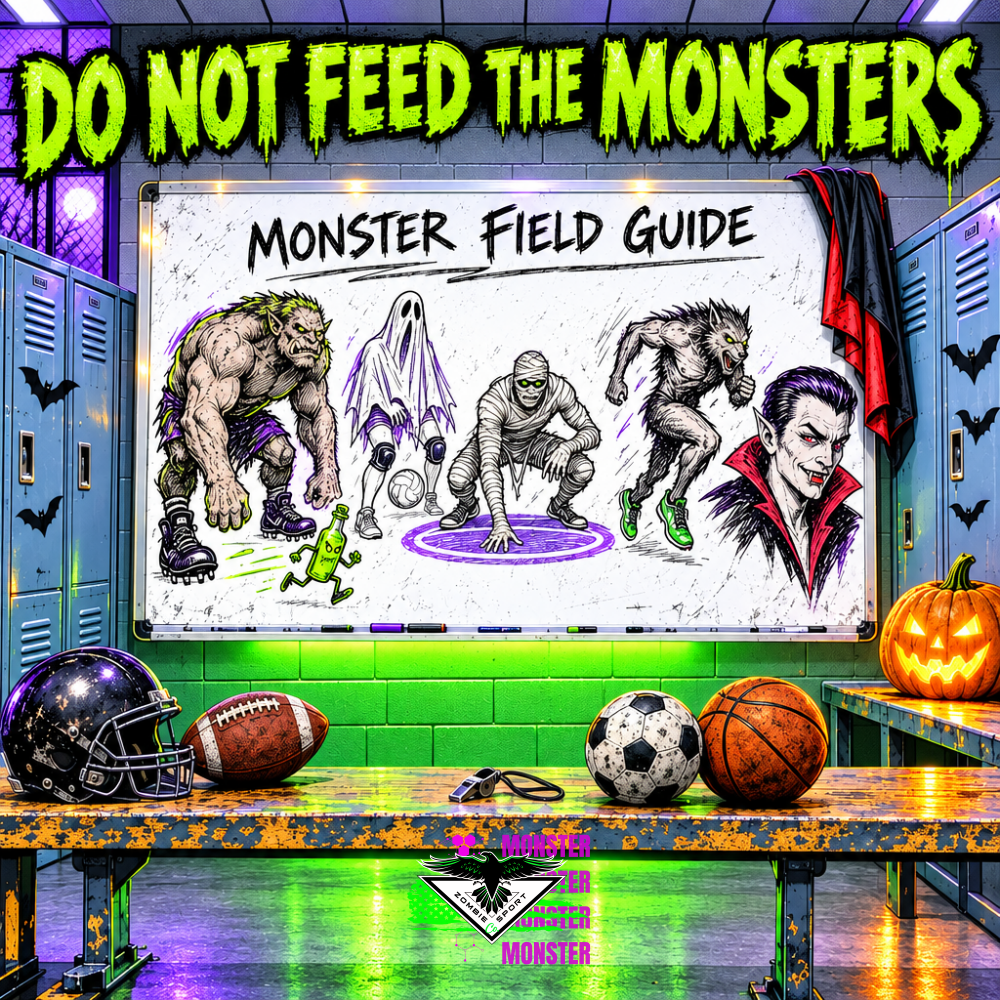 Bright comic of a high school locker room whiteboard titled Monster Field Guide with friendly sketches of a turf burn troll, volleyball ghost, mat burn mummy, running werewolf and dry-lip vampire, under the headline Do Not Feed the Monsters