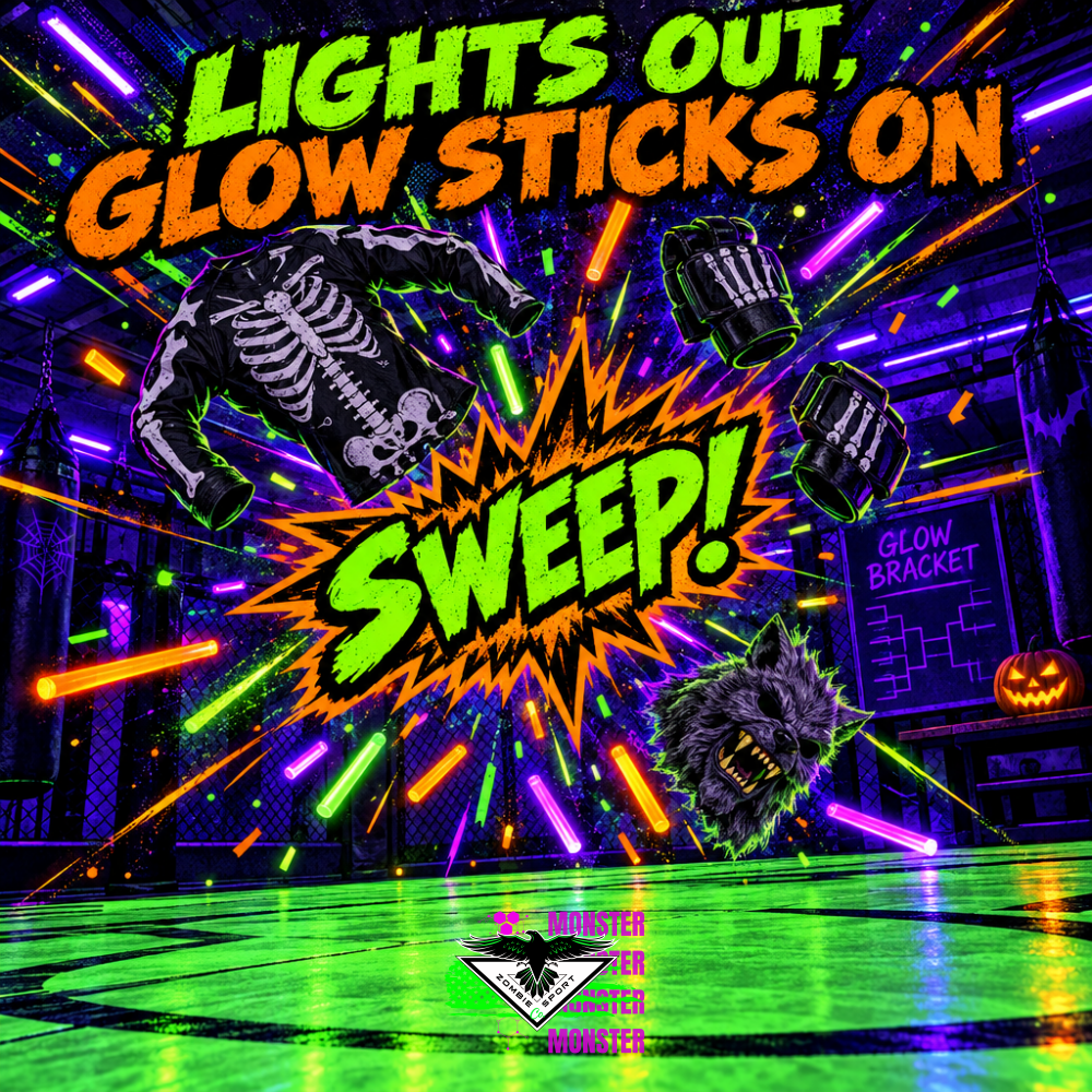 Black-light comic panel of a Halloween glow open mat in an MMA and BJJ gym, with a SWEEP starburst, flying skeleton rash guard, gloves, werewolf mask and glow sticks over a neon green mat, under the headline Lights Out, Glow Sticks On