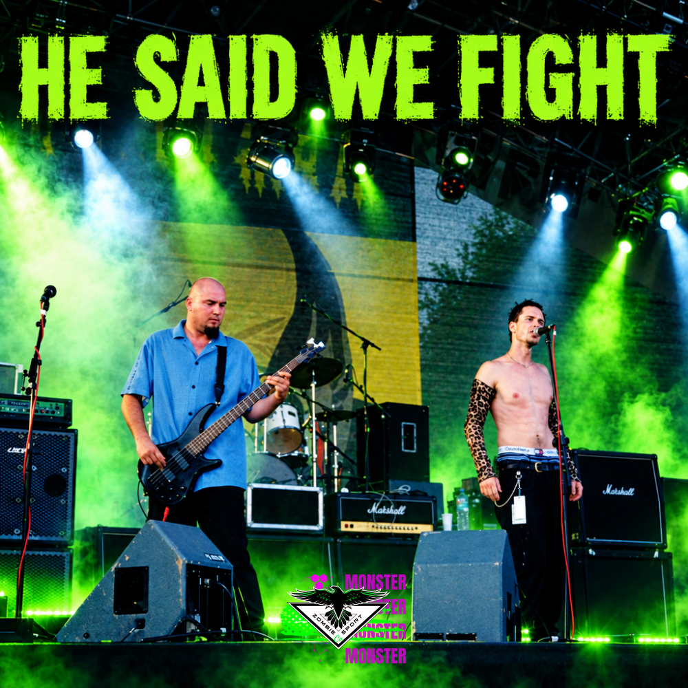 Restored concert photo of Zombie Sport Co founder Brian Armer singing shirtless at the microphone beside the bassist of Juice on their European tour, with stage lights, smoke and neon green glow under the headline He Said We Fight