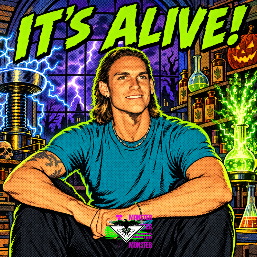 Comic book cover illustration of young Zombie Sport Co founder Brian Armer in a teal t-shirt seated in a stormy Halloween mad scientist lab with a Tesla coil, lightning and a glowing neon green flask, under the headline It's Alive