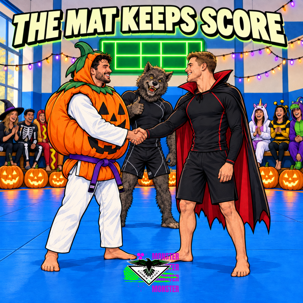 Bright comic of a pumpkin-costumed grappler and a vampire-caped wrestler shaking hands on a blue mat at a Halloween open mat, with a werewolf giving a thumbs up and costumed teammates cheering, under the headline The Mat Keeps Score
