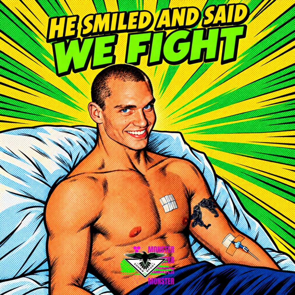 Comic book hero panel of Zombie Sport Co founder Brian Armer smiling in a hospital bed with a chest port and IV, green and gold sunburst behind him, under the headline He Smiled and Said We Fight