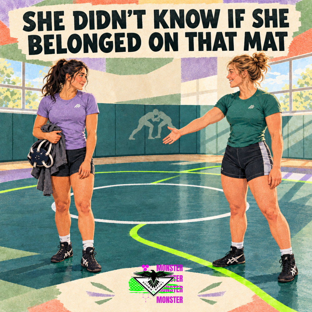 Illustrated two women wrestlers smiling across the mat as one welcomes a new teammate, beneath the headline She Didn’t Know If She Belonged on That Mat.