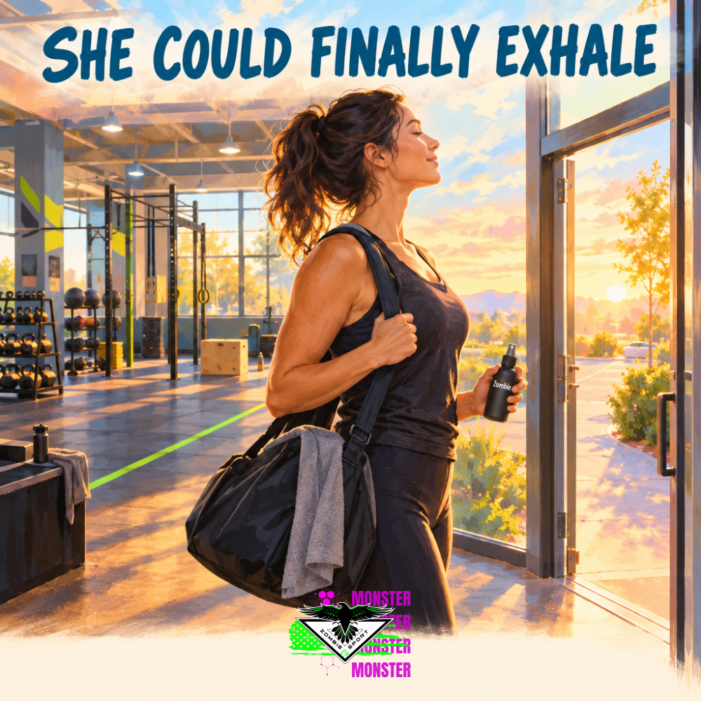 Painterly illustration of a woman athlete exhaling at the gym exit after training, prepared Zombie spray in hand, under the headline She Could Finally Exhale.