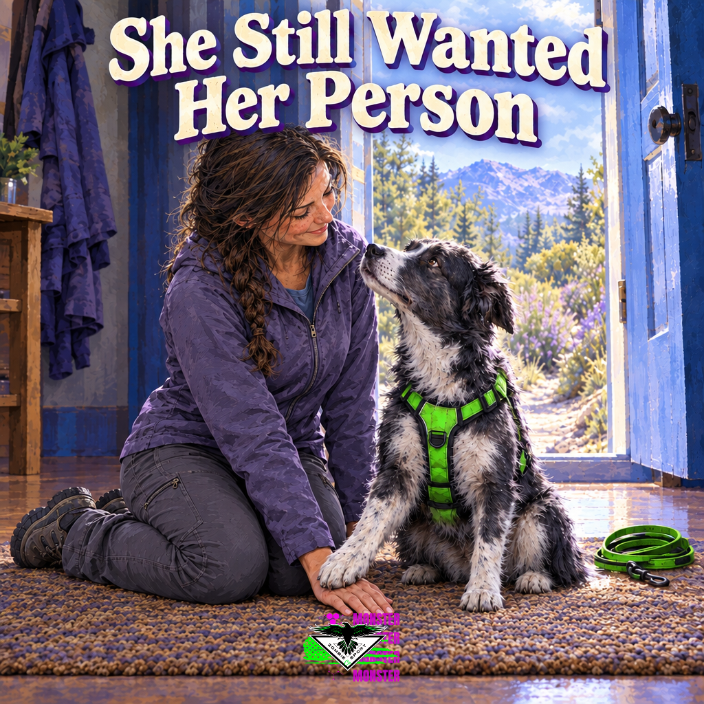 Painterly woman kneeling beside a charcoal-and-white dog wearing an electric-green harness, with the dog's paw over her hand, the headline She Still Wanted Her Person and original Zombie Sport Co logo at bottom center.
