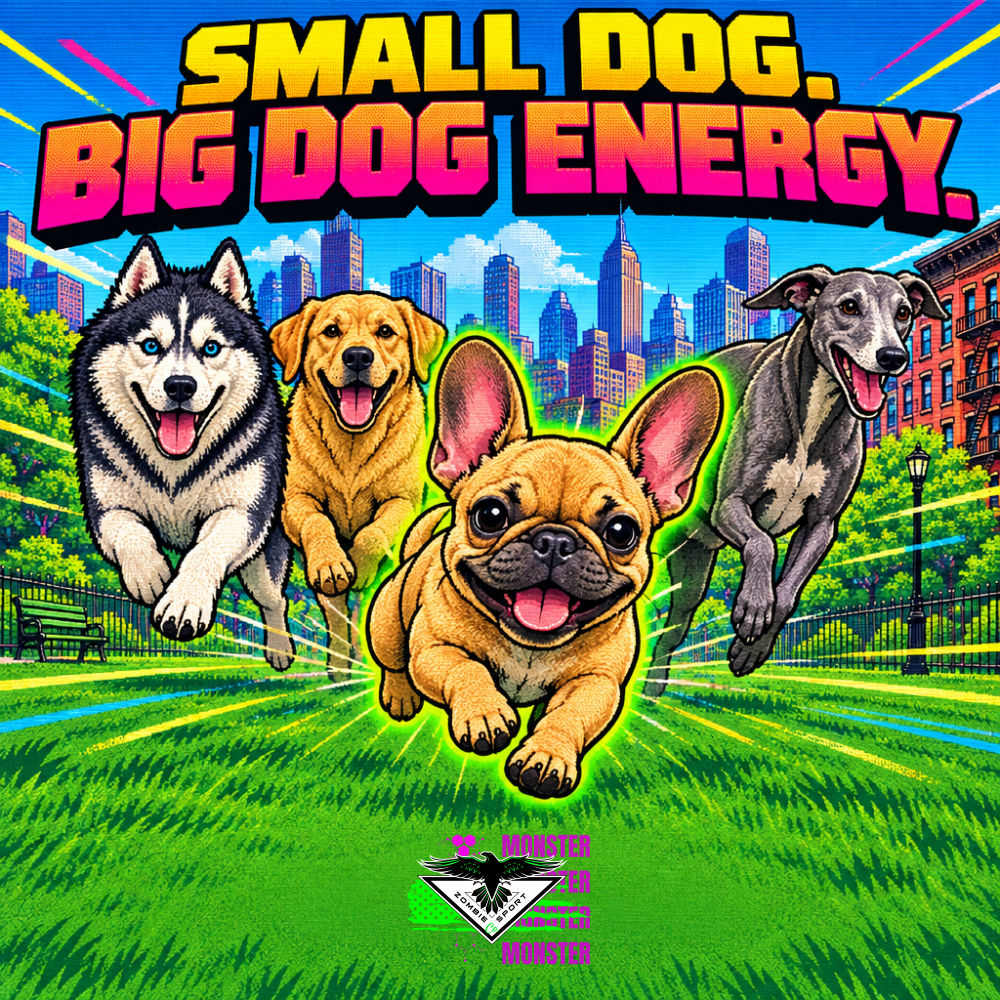Retro arcade-style poster of a tiny fawn French bulldog charging across a city dog park, leading a husky, a yellow lab, and a greyhound, with a city skyline behind them, under the headline Small Dog. Big Dog Energy.
