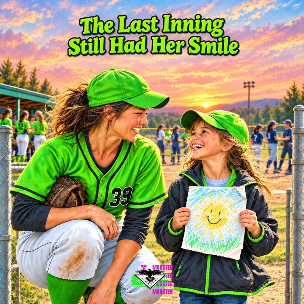 Softball mother and daughter smiling at each other beside the field as the daughter holds a handmade sun drawing, with bright green uniforms, a sunset sky, the matching story headline and original Zombie Sport Co logo.