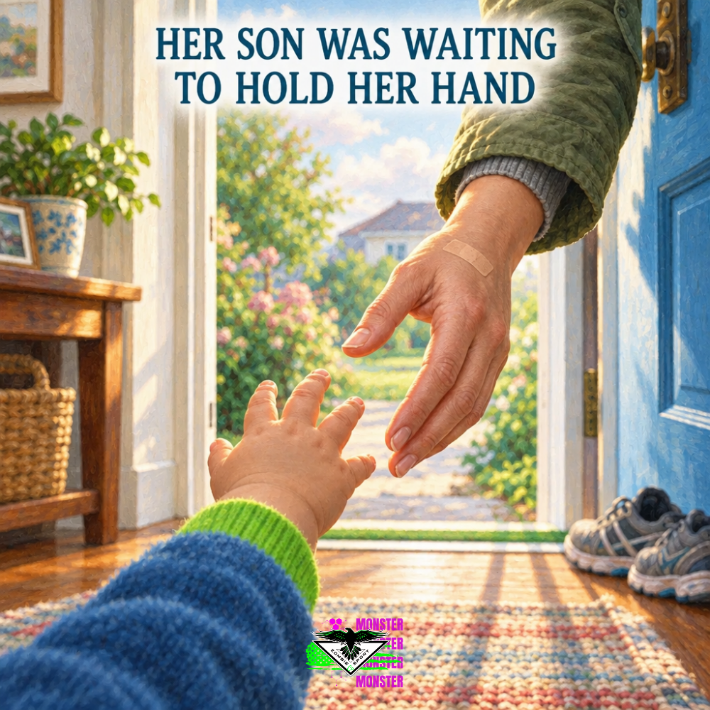 Child’s-eye view from inside a home of a small hand with a bright green cuff reaching toward Mom’s gently offered hand at an open blue doorway, with a garden beyond, the headline Her Son Was Waiting to Hold Her Hand and original Zombie Sport Co logo.