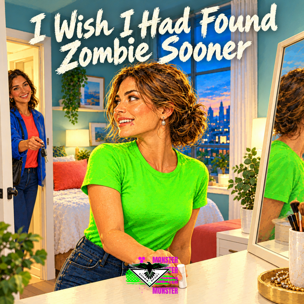 Claire in electric green reaching for lip care as she turns toward her sister in a bright modern bedroom, with the headline I Wish I Had Found Zombie Sooner and original Zombie Sport Co logo.