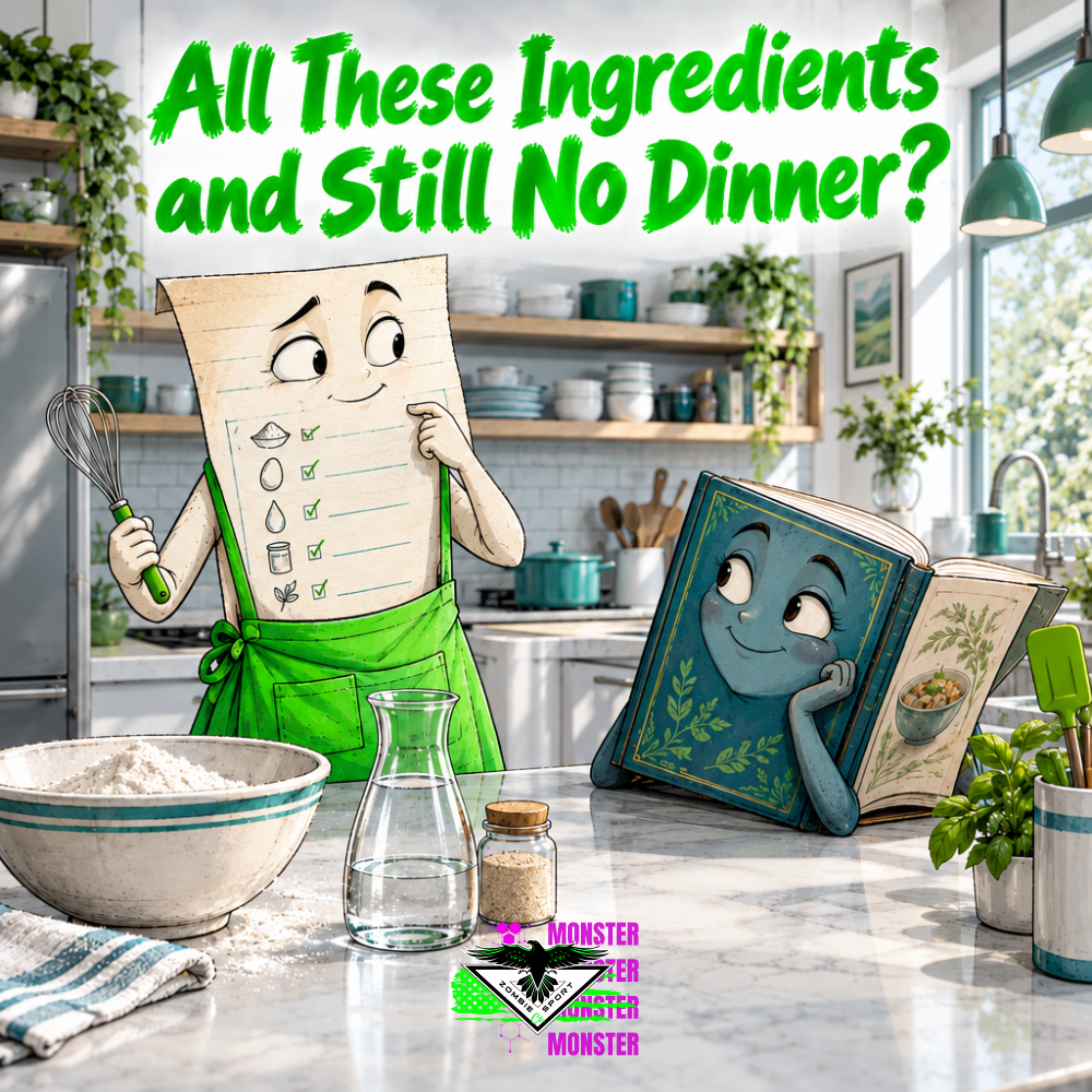 Illustrated ingredient list in a green apron holding a whisk beside a smiling recipe book in a kitchen, with the headline All These Ingredients and Still No Dinner? and the original Zombie Sport Co logo.