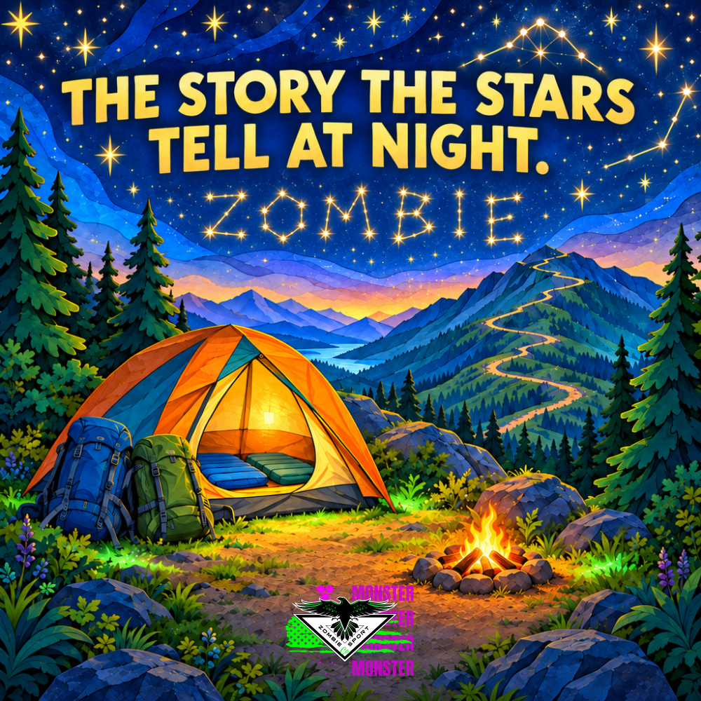 Illustrated mountain campsite at night with a lit tent, two backpacks, a contained campfire, and stars spelling ZOMBIE beneath the headline The Story the Stars Tell at Night.