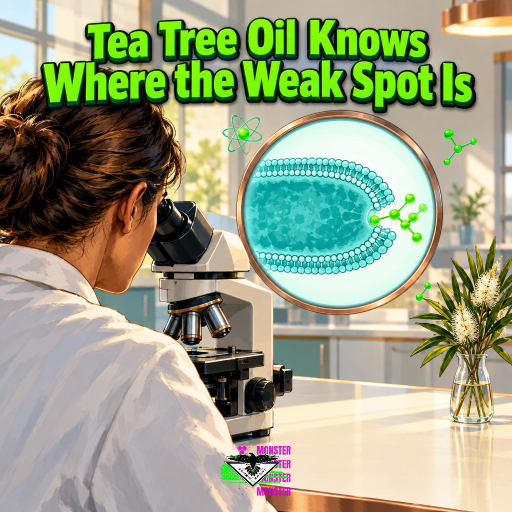 Painterly over-the-shoulder laboratory scene of a scientist using a microscope beside tea tree foliage and a turquoise membrane diagram, with an electric-green headline and the original Zombie Sport Co logo at bottom center.