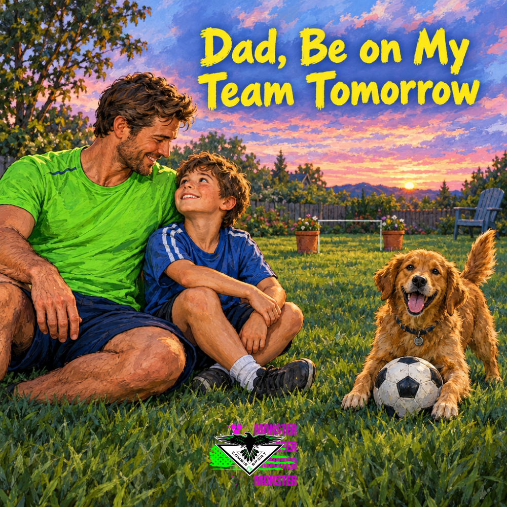 Illustrated father in electric green and his son sitting together after backyard soccer at sunset, with their pup beside the ball, the headline Dad, Be on My Team Tomorrow and original Zombie Sport Co logo.