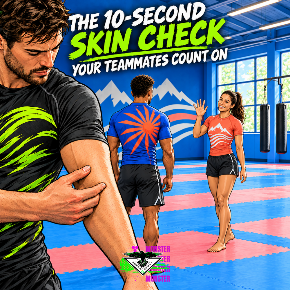 Graphic-novel illustration of an athlete checking his elbow in a shared training room as two teammates in distinct rash guards stand on the mats, one smiling and waving.