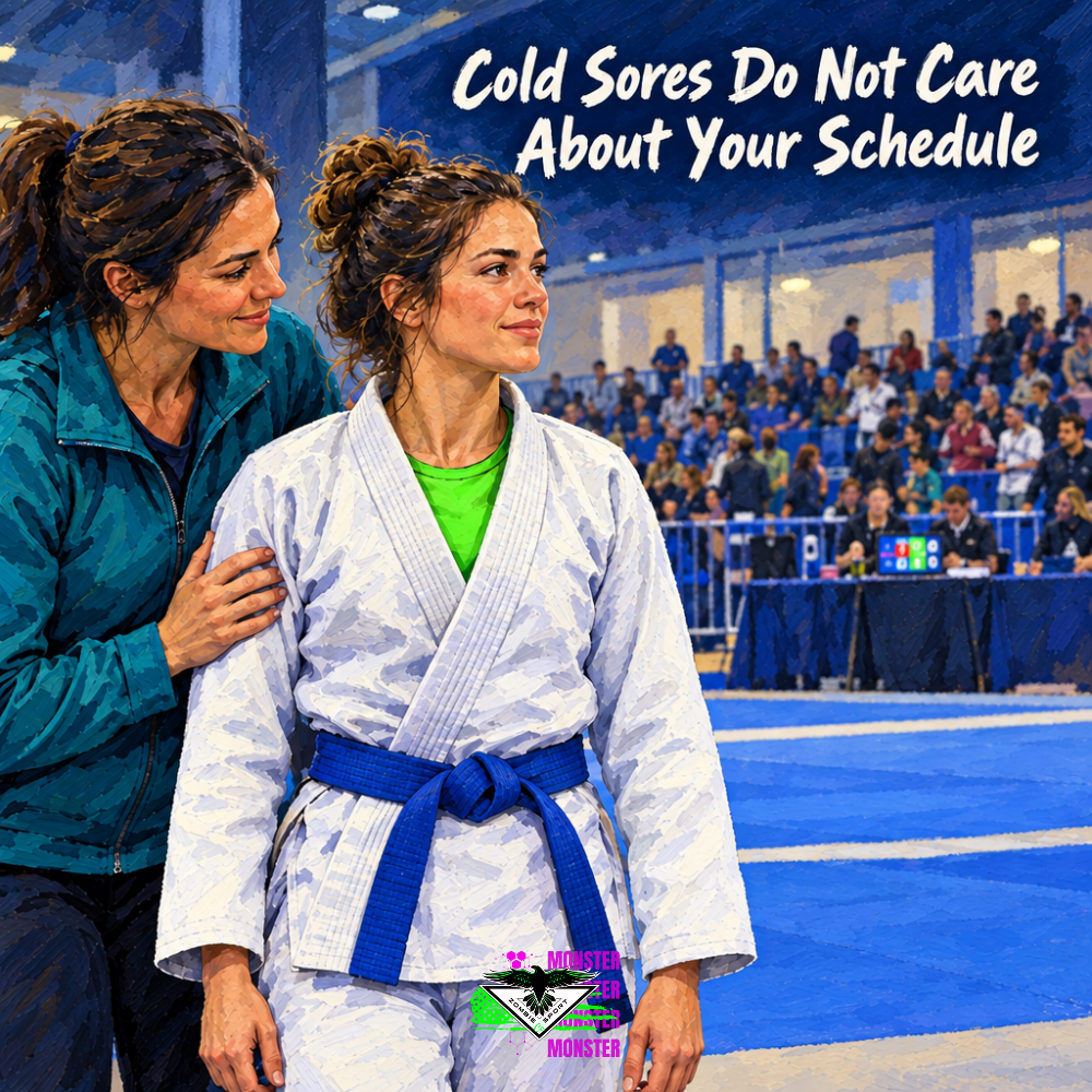 Illustrated adult jiu-jitsu athlete in a white gi, blue belt and electric-green underlayer beside her supportive coach at the tournament mats, with the headline Cold Sores Do Not Care About Your Schedule and original Zombie Sport Co logo.