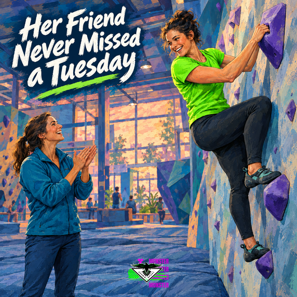 Illustrated climber in electric green smiling toward her cheering friend beside a purple bouldering route, with the headline Her Friend Never Missed a Tuesday and original Zombie Sport Co logo.