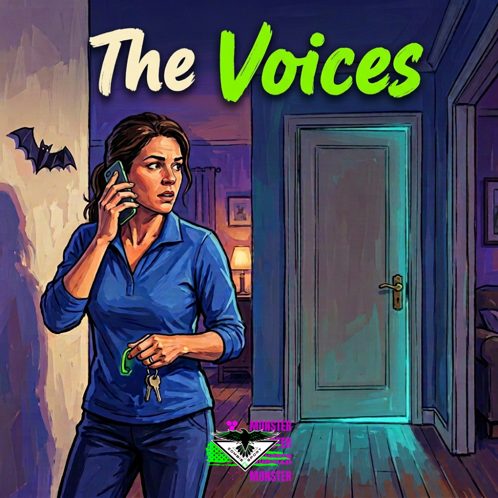 Illustrated woman holding a phone and keys while watching a closed bathroom door in a Halloween-decorated hallway, with The Voices in cream and green brush lettering on one line and the original Zombie Sport Co logo at bottom center.