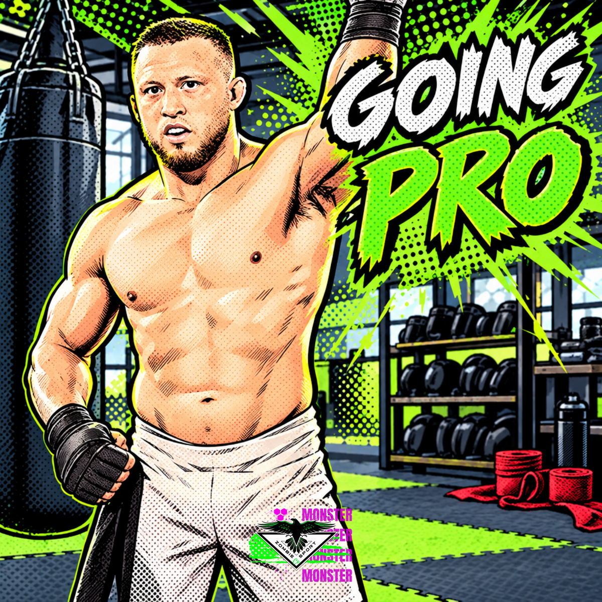 Comic-style image of Walker Keaton with one gloved arm raised in an MMA gym, the words Going Pro, and the original Zombie Sport Co logo at bottom center.