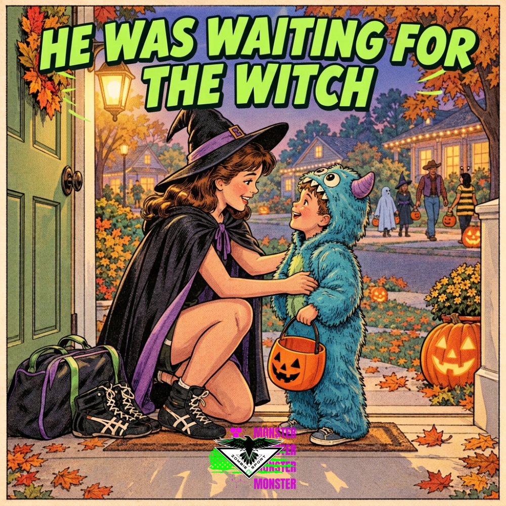 Vintage comic-style witch sister greeting her little brother in a blue monster costume on a warmly lit Halloween porch, with pumpkins, neighborhood trick-or-treaters, He Was Waiting for the Witch headline, and original Zombie Sport Co logo.