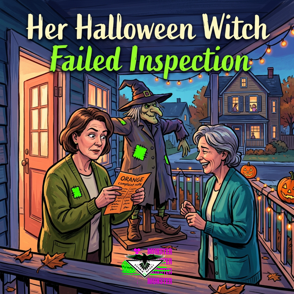 Ruth and Bea read an orange complaint note beside their homemade porch witch, beneath Her Halloween Witch Failed Inspection, with the original Zombie Sport Co logo.