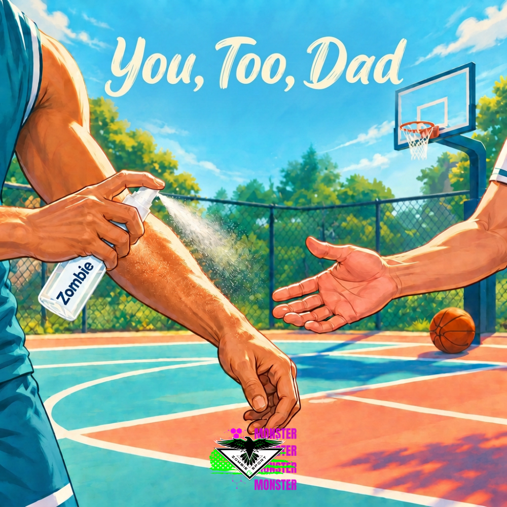 Illustrated basketball players’ arms in bright sunshine, one applying a Zombie-labeled skin spray beside an outdoor court, with trees behind the fence, the headline You, Too, Dad and original Zombie Sport Co logo.